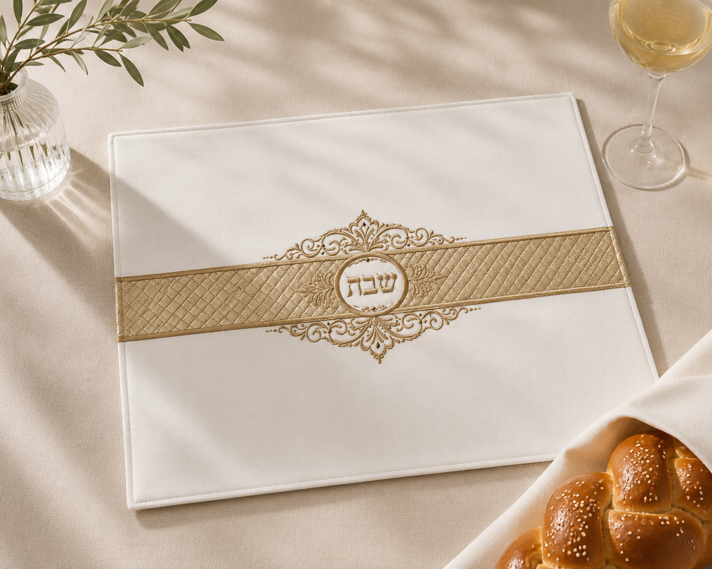 Gold and White Shabbat Leatherette Challah Cover with Embroidery