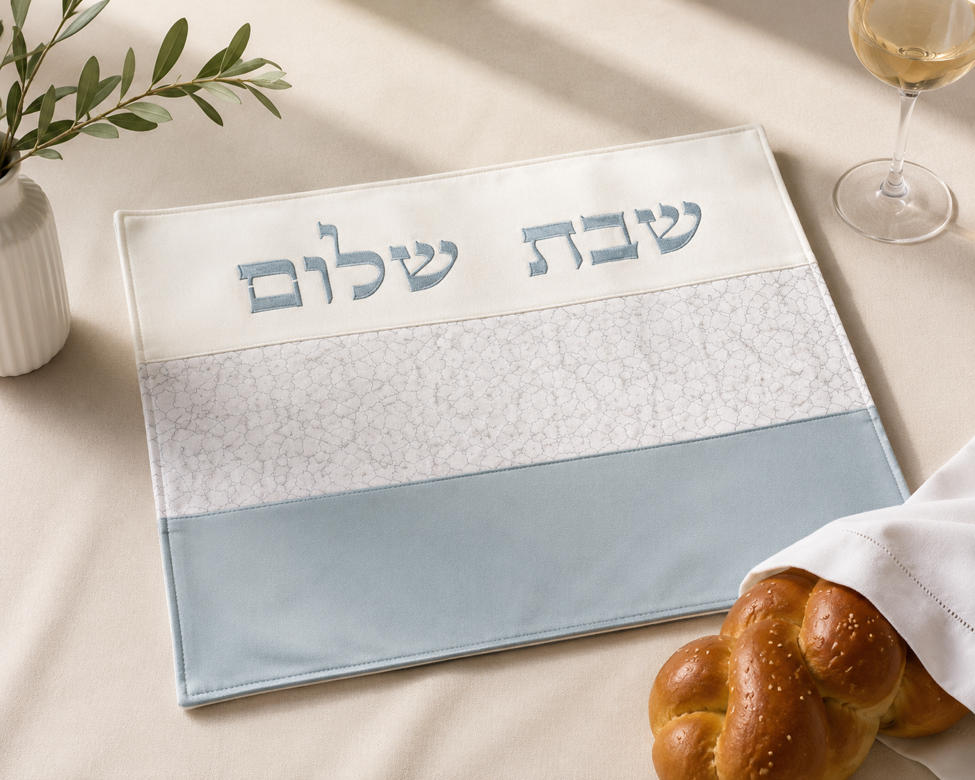 Blue and Silver Leatherette Challah Cover with Embroidery