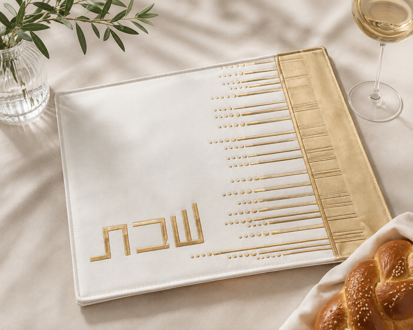 Gold & White Shabbat Challah Cover with Embroidery