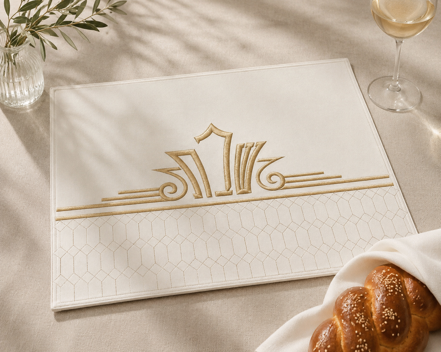 Gold & White, Jewel Pattern Challah Cover with Embroidery